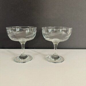 Vtg Coupe Etched Glass Champagne / Cocktail / Sherbet Stemware - Set of 2 EUC